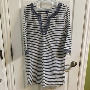 Gap Swim Cover Up Tunic Dress Embroidered 3/4 Sleeves Blue White Striped Medium